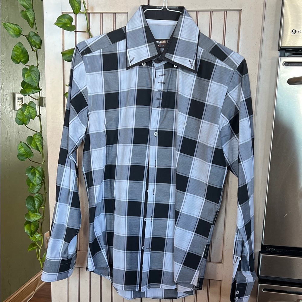 Italian Made Black and Gray Plaid Button Down Shirt